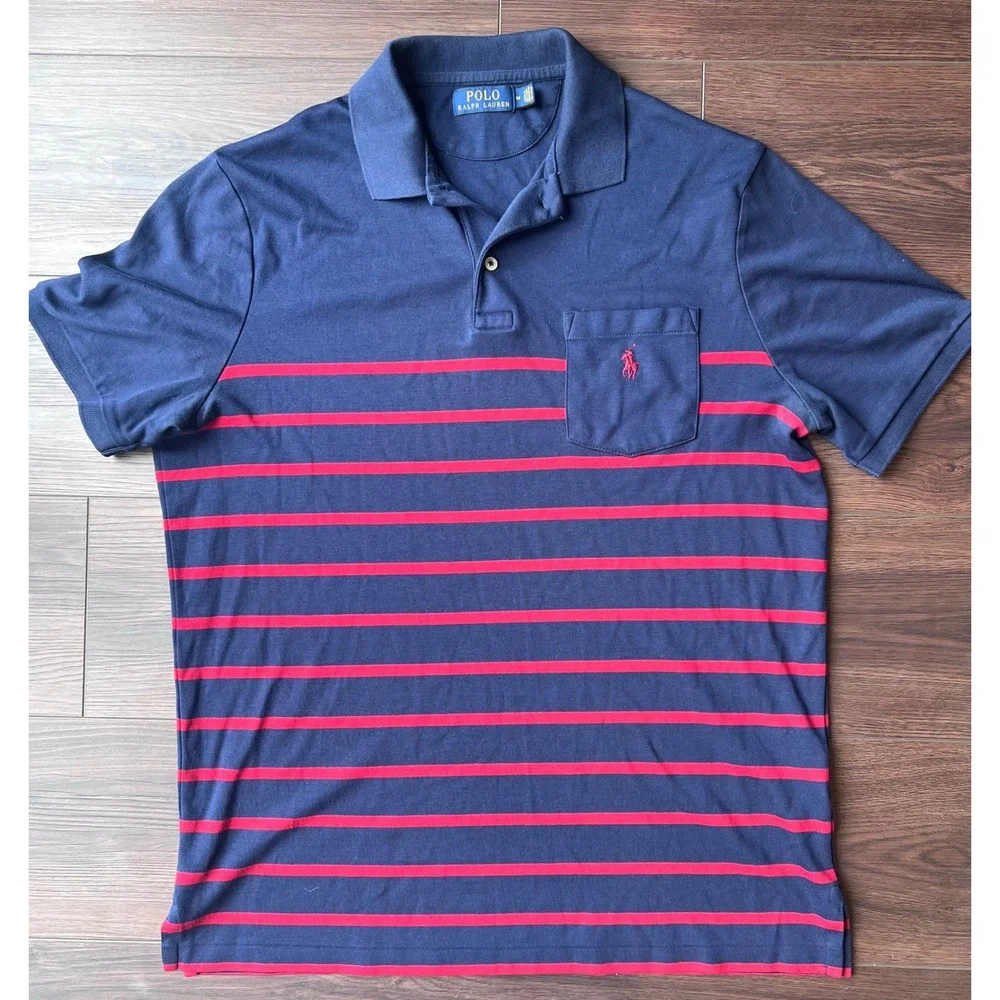 Polo Ralph Lauren Mens Medium Navy Blue Red Striped Pocket Polo Shirt Cotton